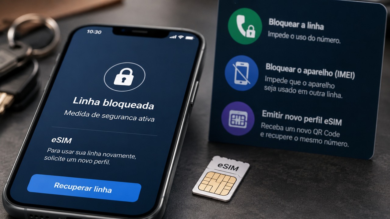 Smartphone exibindo linha bloqueada ao lado de um painel com bloqueio da linha, bloqueio por IMEI e emissão de novo perfil eSIM.