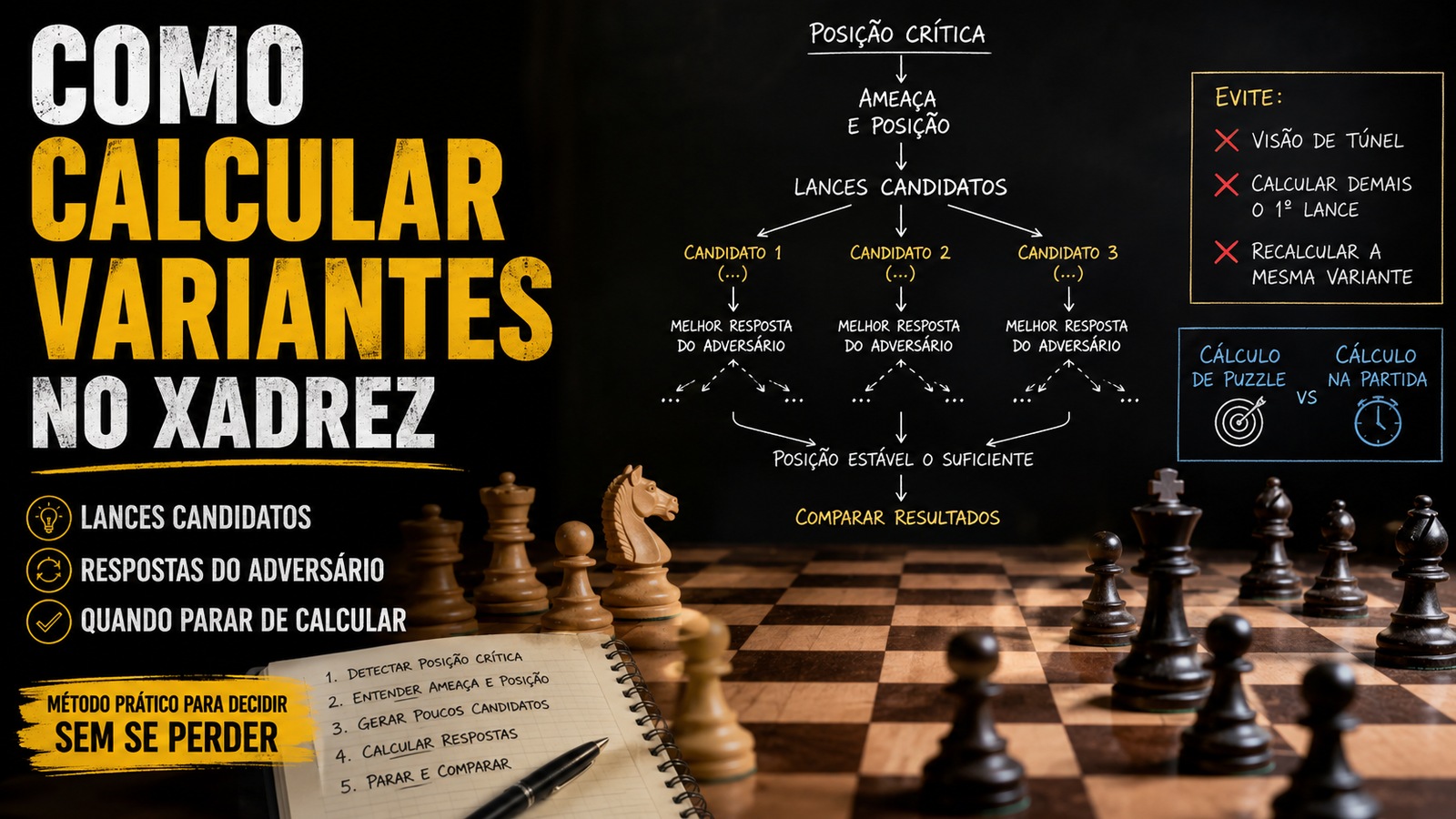 Tabuleiro de xadrez diante de quadro negro com árvore de decisão sobre lances candidatos, respostas do adversário e comparação de resultados.