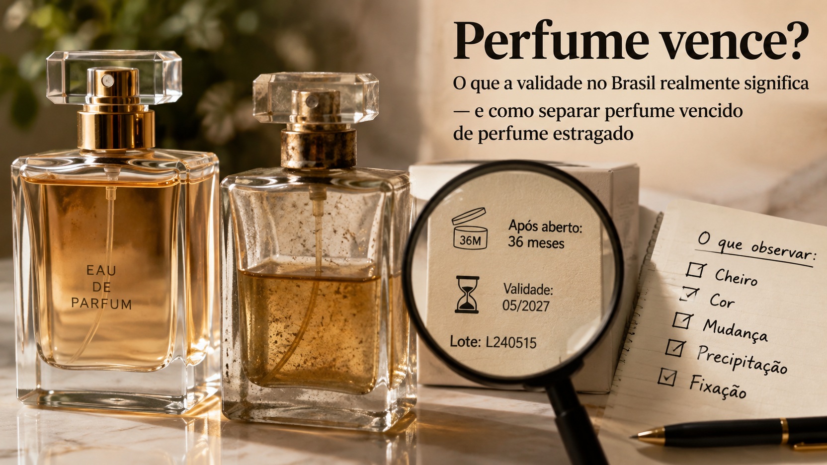 Dois frascos de perfume, um preservado e outro com aspecto envelhecido, ao lado de lupa sobre rótulo ilustrativo de validade e caderno com sinais a observar.