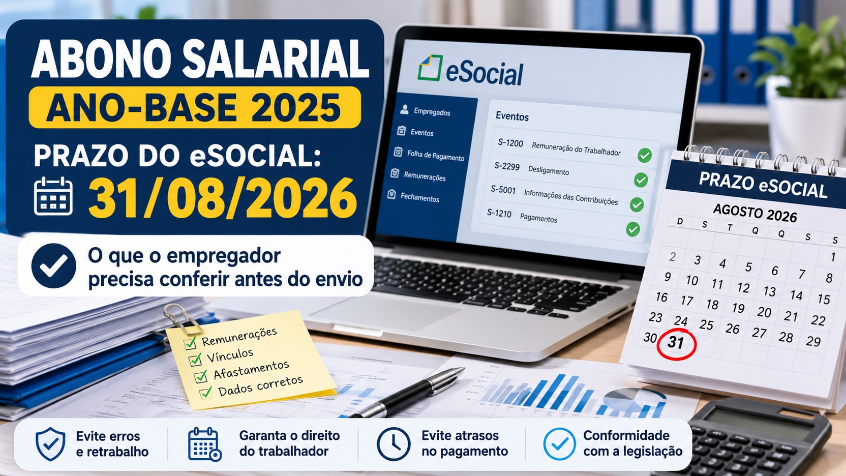 Mesa de RH com laptop exibindo eSocial, calendário de agosto de 2026 com o dia 31 destacado e checklist sobre o abono salarial do ano-base 2025.