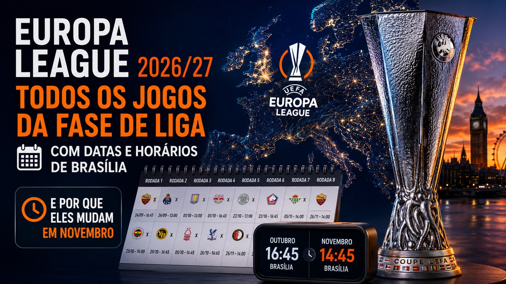 Arte horizontal com mapa noturno da Europa, troféu prateado, calendário de jogos e relógio digital, com destaque para a Europa League 2026/27 e horários de Brasília.