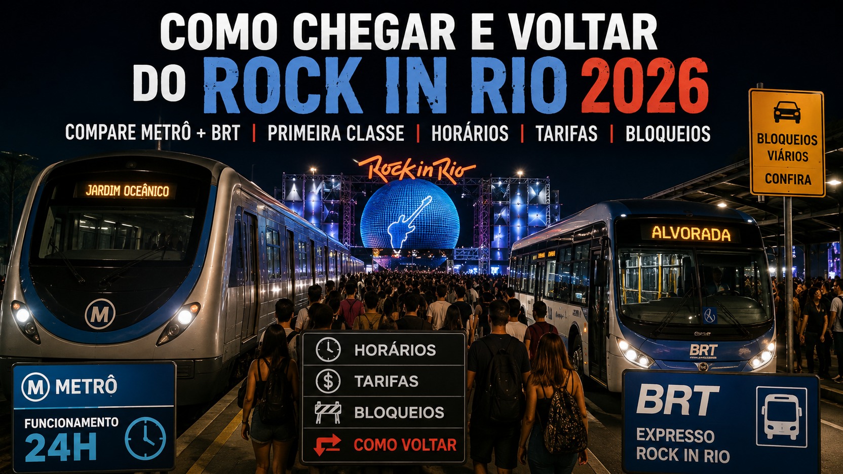 Capa noturna do Rock in Rio 2026 com trem do metrô à esquerda, ônibus BRT à direita, público ao centro e sinalização sobre horários, tarifas e bloqueios.