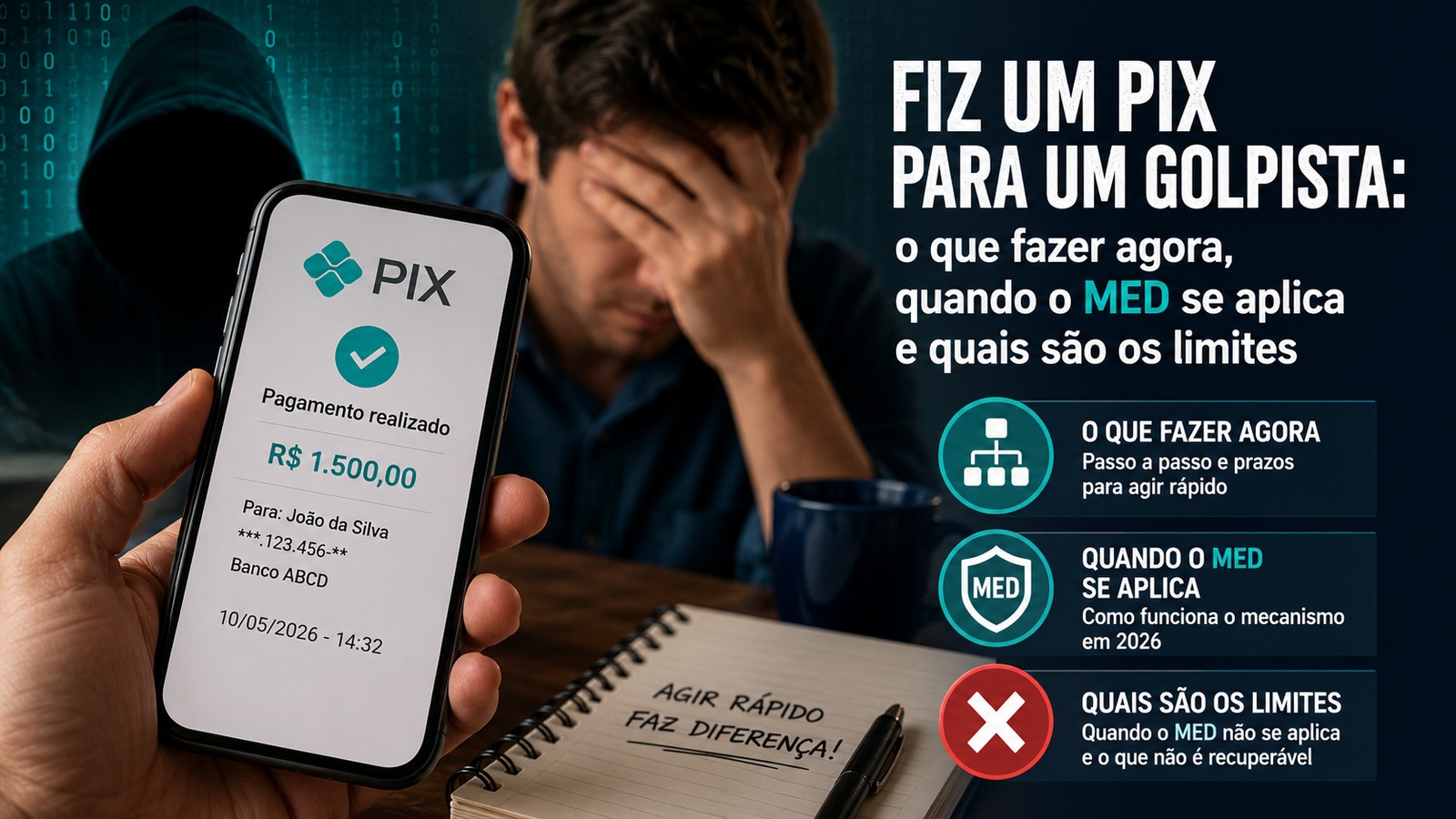 Montagem editorial com celular exibindo confirmação de pagamento via Pix diante de homem preocupado, com figura encapuzada ao fundo e avisos sobre o MED.