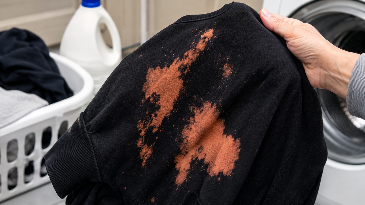 Mão segura um moletom preto com grandes áreas alaranjadas de descoloração diante de uma máquina de lavar e um frasco de limpeza.
