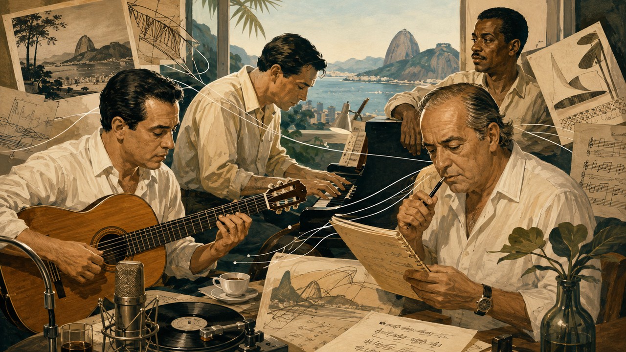 Ilustração editorial de quatro músicos em ambiente carioca com violão, piano, caderno de composições, microfone, disco de vinil e paisagem do Rio de Janeiro ao fundo.