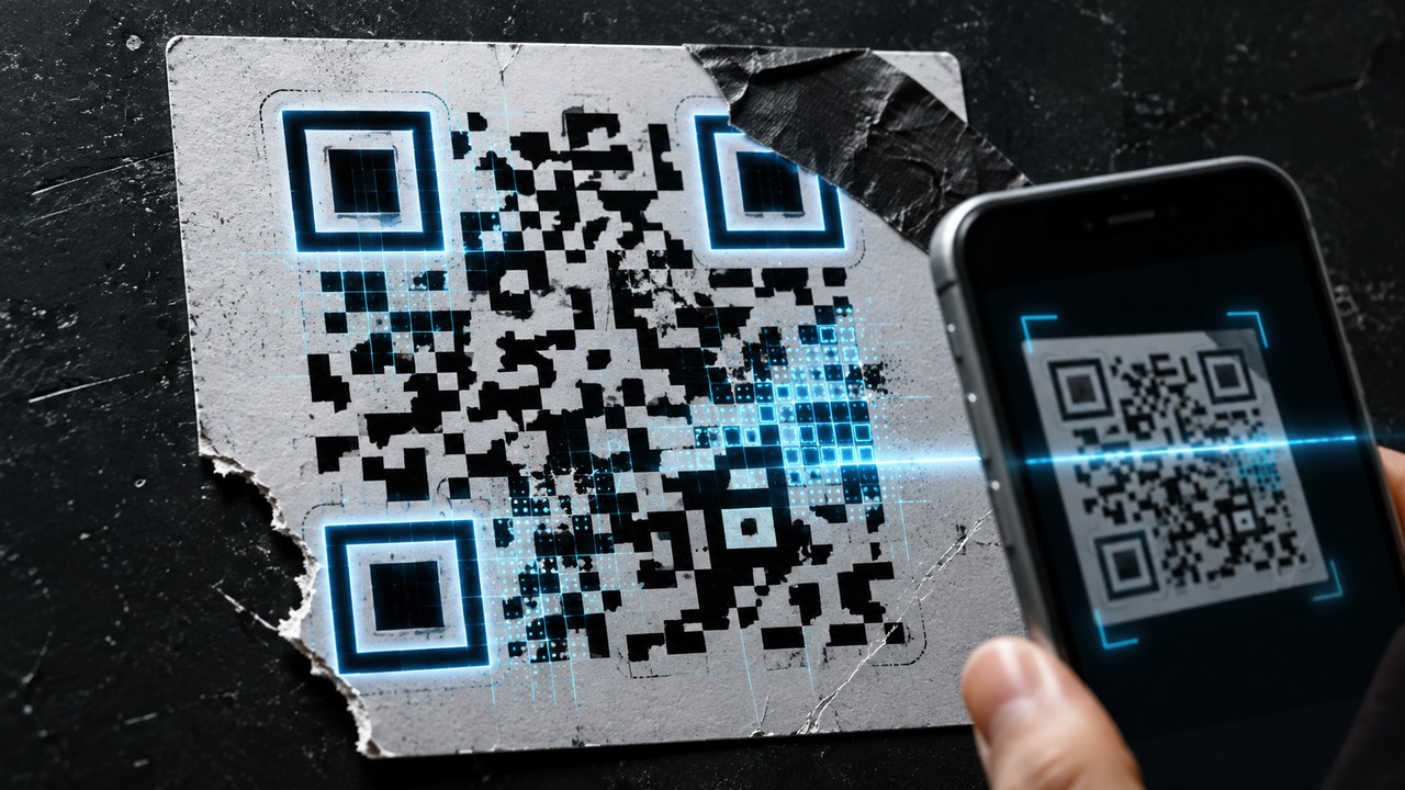 QR Code impresso e danificado, com borda rasgada e parte coberta por fita preta, sendo escaneado por um celular com efeitos azuis de leitura.