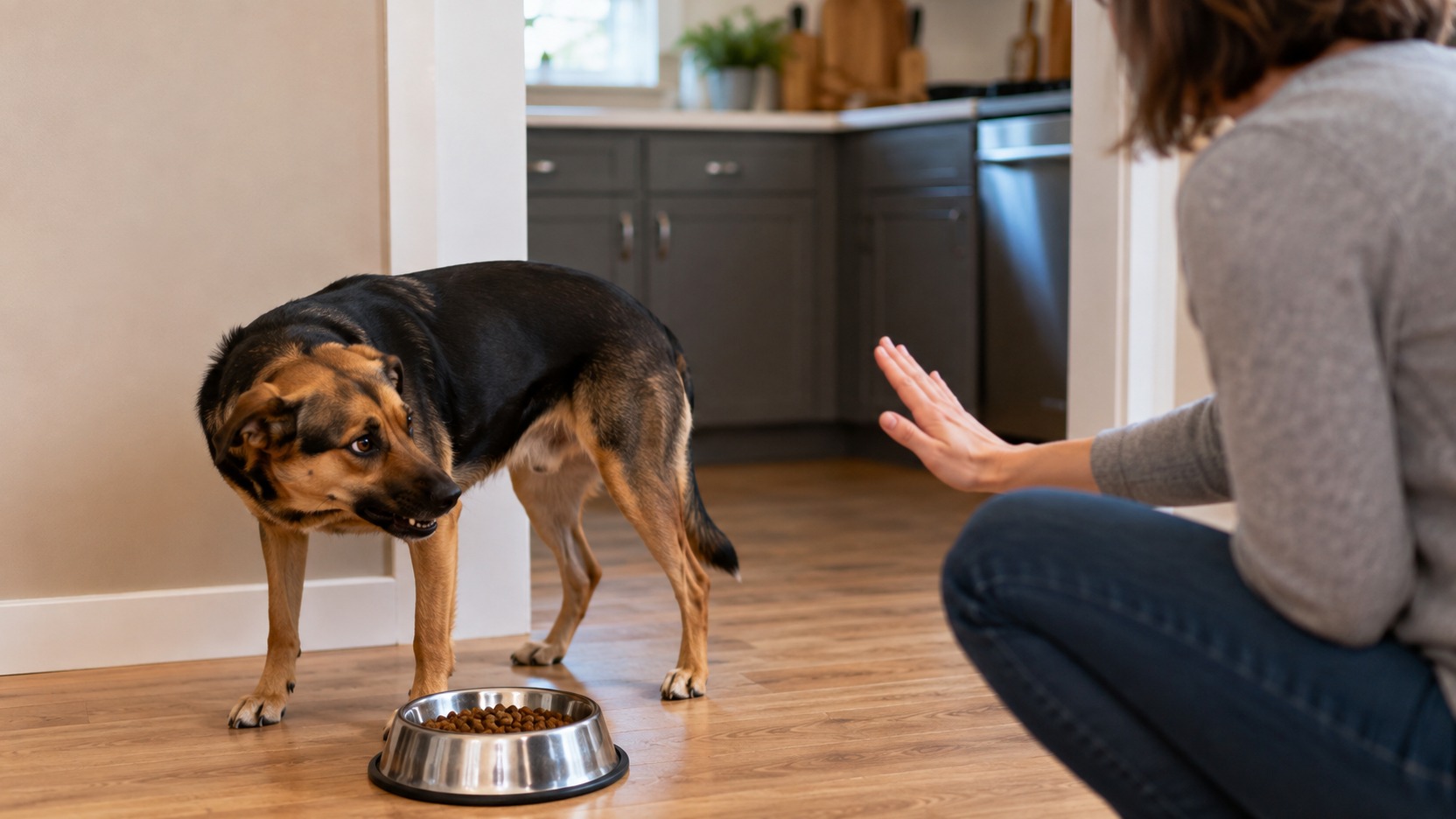 Cachorro tenso ao lado de um pote com ração enquanto uma pessoa mantém distância e ergue a mão em sinal de cautela em uma cozinha.