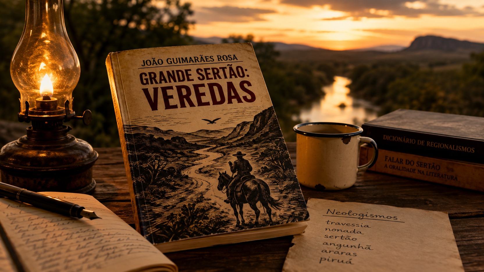 Livro Grande Sertão: Veredas sobre mesa de madeira ao lado de lampião, caderno e livros de apoio, com paisagem de sertão ao pôr do sol.