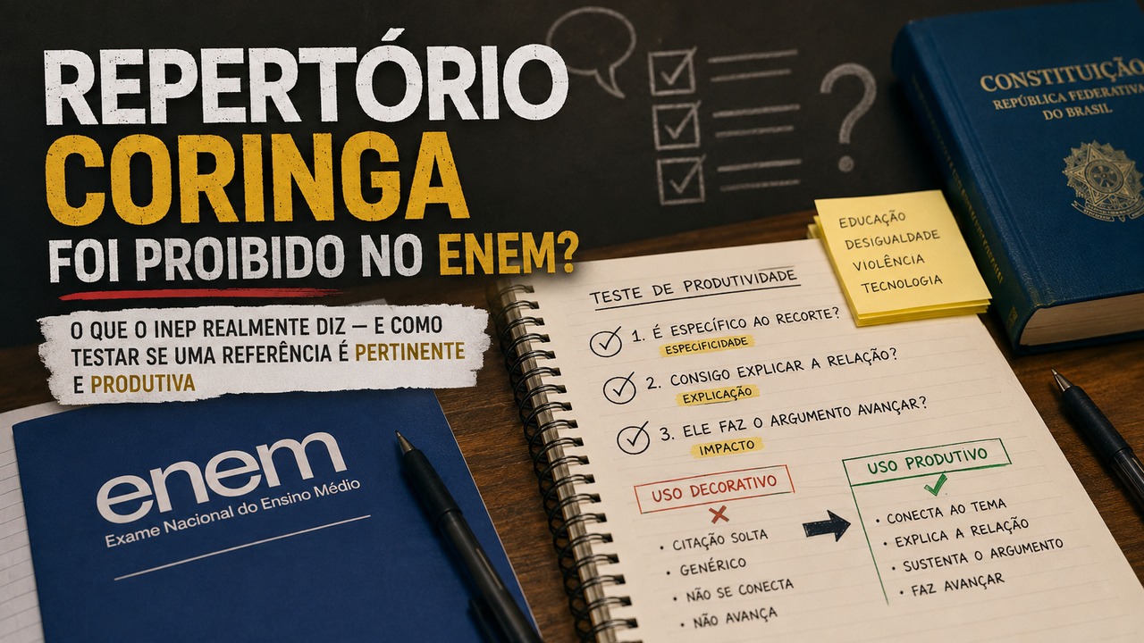 Caderno aberto com teste de produtividade de repertório, ao lado de material do Enem e de um exemplar da Constituição em uma mesa de estudos.