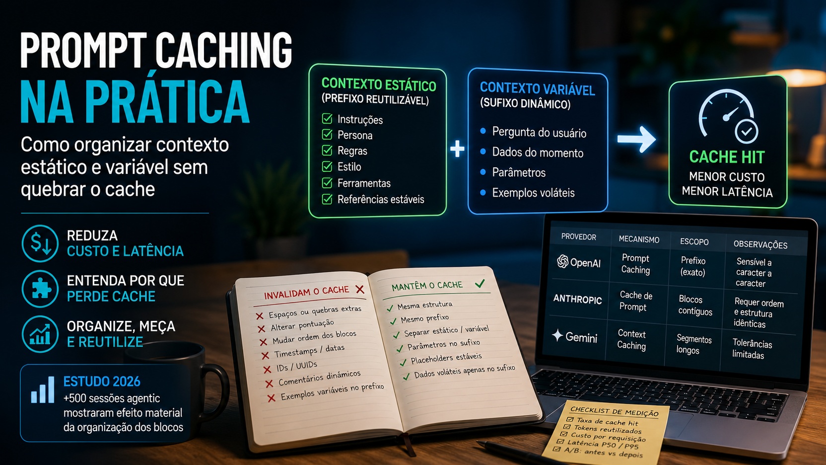 Capa tecnológica com diagrama separando contexto estático e variável, indicador de cache hit, notebook e caderno com fatores que mantêm ou invalidam o cache.