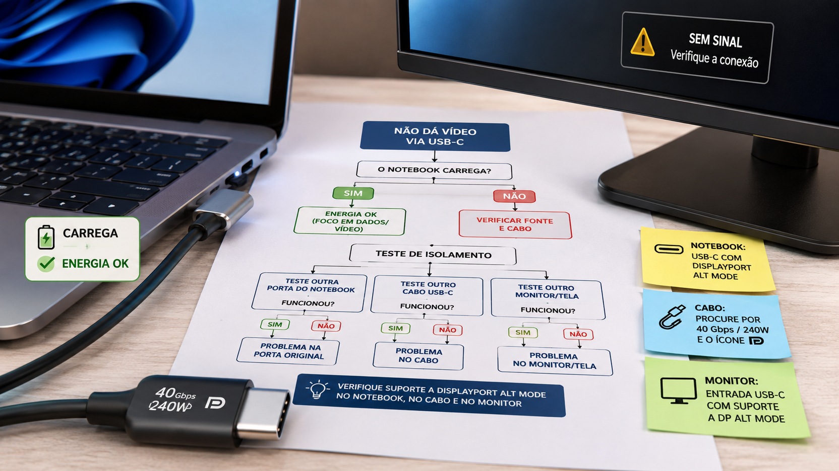 Notebook conectado por USB-C a um monitor sem sinal, ao lado de um fluxograma de diagnóstico com indicações de carga, cabo e DisplayPort Alt Mode.