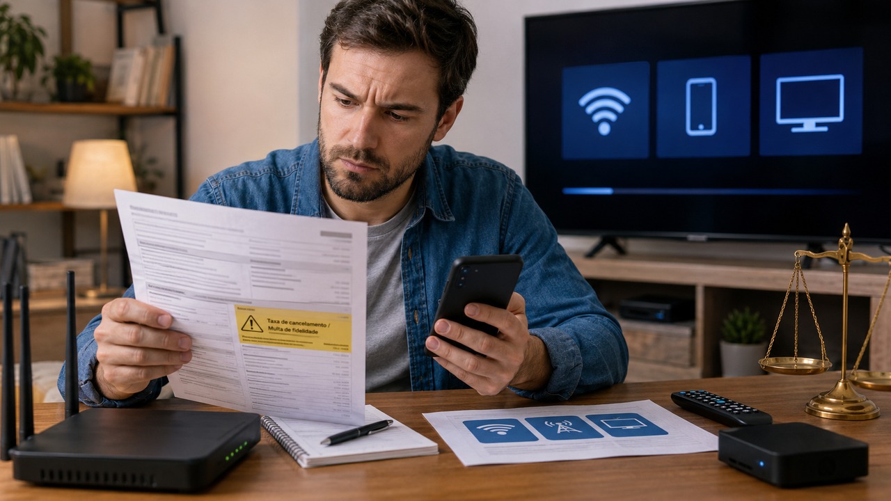 Homem analisa contrato com destaque para multa de fidelidade ao lado de celular, roteador, controle remoto, equipamento de TV e balança que simboliza direitos do consumidor.