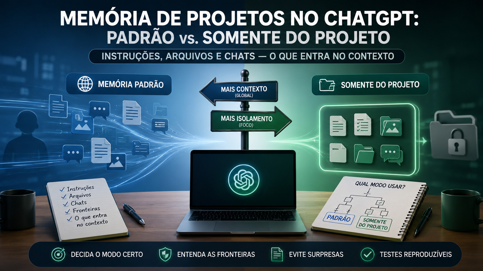 Ilustração dividida entre memória padrão e somente do projeto no ChatGPT, com laptop ao centro, fluxos de chats e arquivos, setas de contexto e isolamento e anotações de decisão.