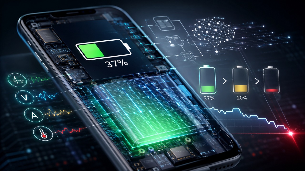 Smartphone aberto em visualização tecnológica com bateria interna destacada, indicador de 37%, medições de tensão, corrente e temperatura e sequência de queda para 20% e quase zero.