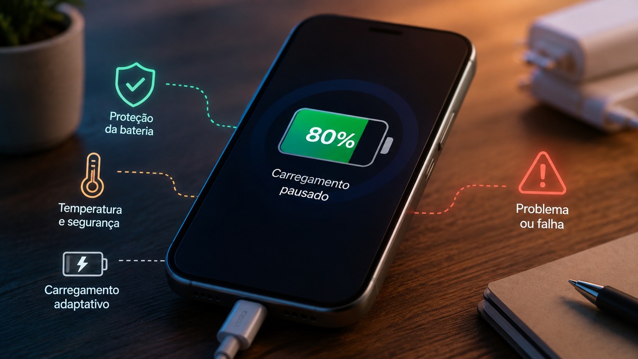 Smartphone conectado ao carregador com tela mostrando 80% e indicadores de proteção da bateria, temperatura, carregamento adaptativo e possível falha.