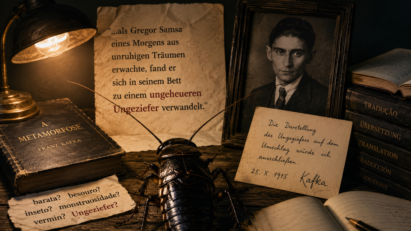 Mesa de estudo em luz sépia com livros de A Metamorfose, retrato de Kafka, trecho em alemão, anotações sobre traduções e um inseto grande semelhante a uma barata no centro.
