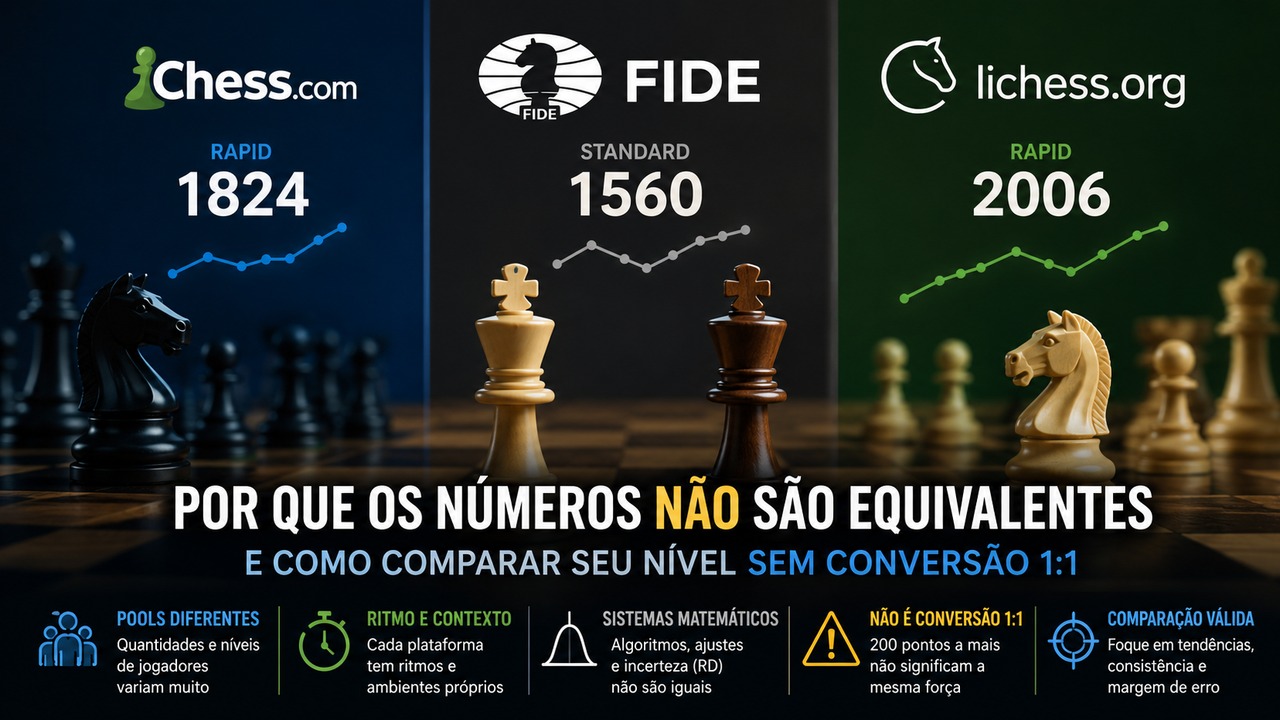 Capa dividida em três painéis com Chess.com, FIDE e Lichess, ratings ilustrativos, peças de xadrez e gráficos, destacando que os números não são equivalentes.
