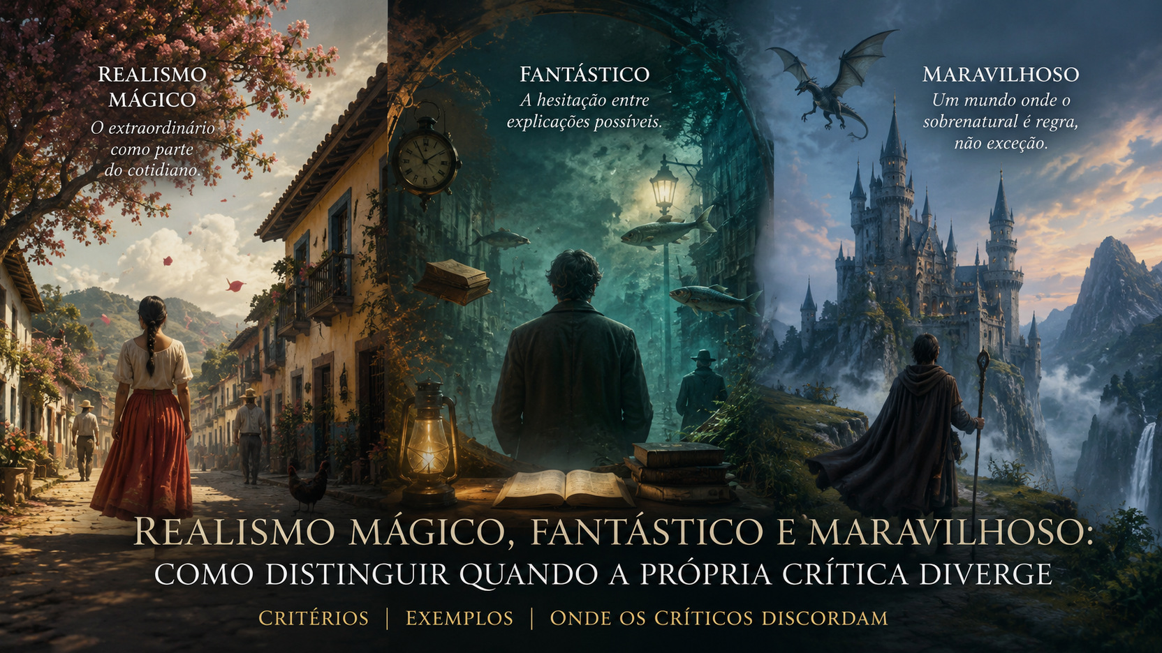 Composição em três cenas: vila latino-americana com acontecimentos extraordinários integrados ao cotidiano, espaço urbano surreal com objetos flutuantes e castelo fantástico com dragão, representando realismo mágico, fantástico e maravilhoso.