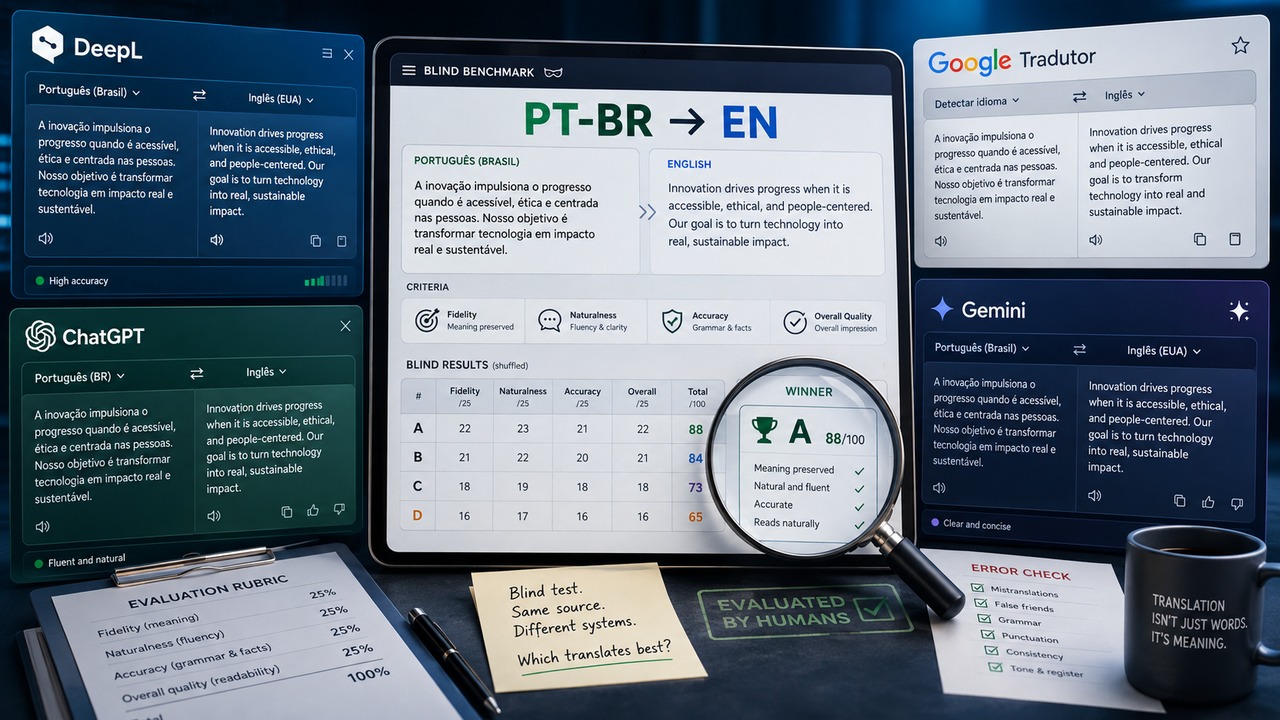 Ilustração editorial com painéis de DeepL, Google Tradutor, ChatGPT e Gemini ao redor de um quadro de benchmark PT-BR para inglês, com critérios de fidelidade, naturalidade e checagem de erros.