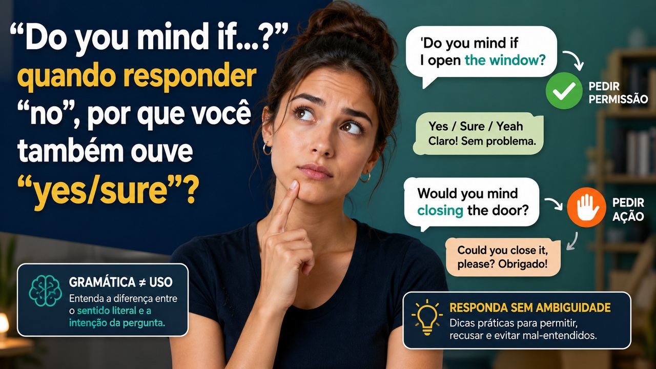 Mulher pensativa diante de um infográfico sobre "Do you mind if...?", com exemplos de pedido de permissão, pedido de ação e respostas sem ambiguidade.