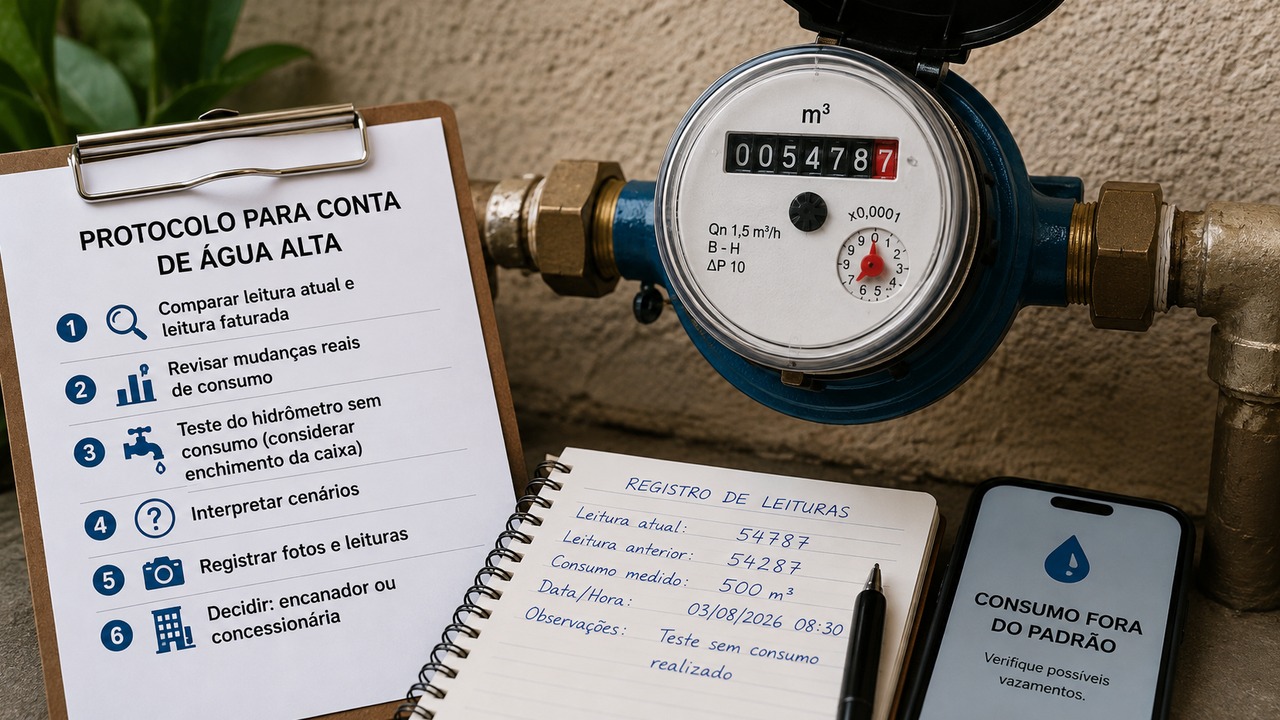Hidrômetro azul em destaque ao lado de prancheta com protocolo de conta de água alta, caderno de leituras e celular com alerta de consumo fora do padrão.