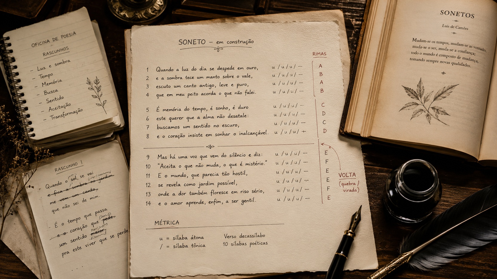 Mesa de escrita com folha de soneto em construção, 14 versos numerados, marcações de métrica, rimas e volta, cercada por rascunhos, livro, tinta e pena.