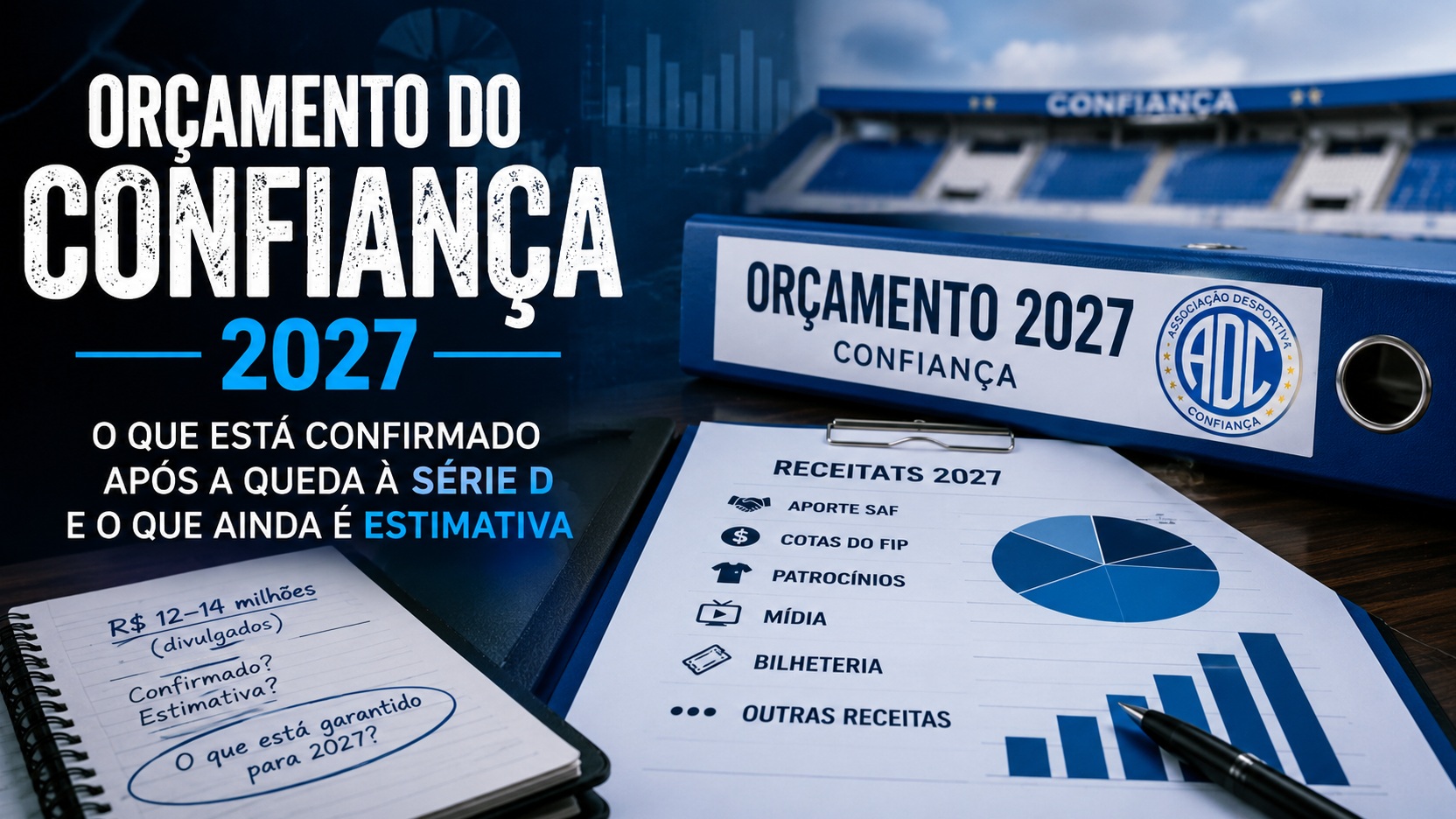 Composição editorial em tons de azul com pasta de orçamento 2027 do Confiança, planilha de receitas, gráficos financeiros e estádio ao fundo.
