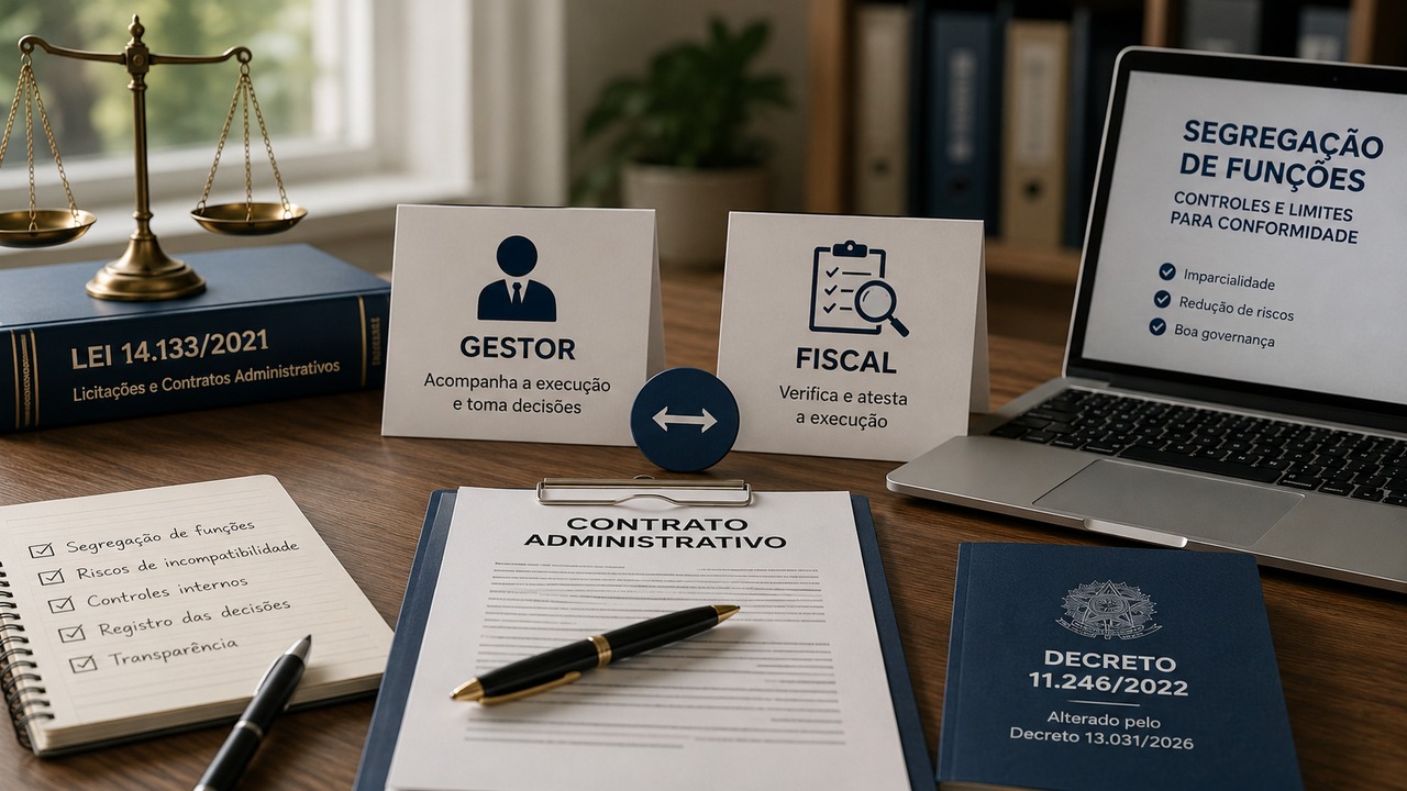 Mesa de trabalho com placas de Gestor e Fiscal, balança da Justiça, contrato administrativo, Lei 14.133/2021 e Decreto 11.246/2022 alterado em 2026.