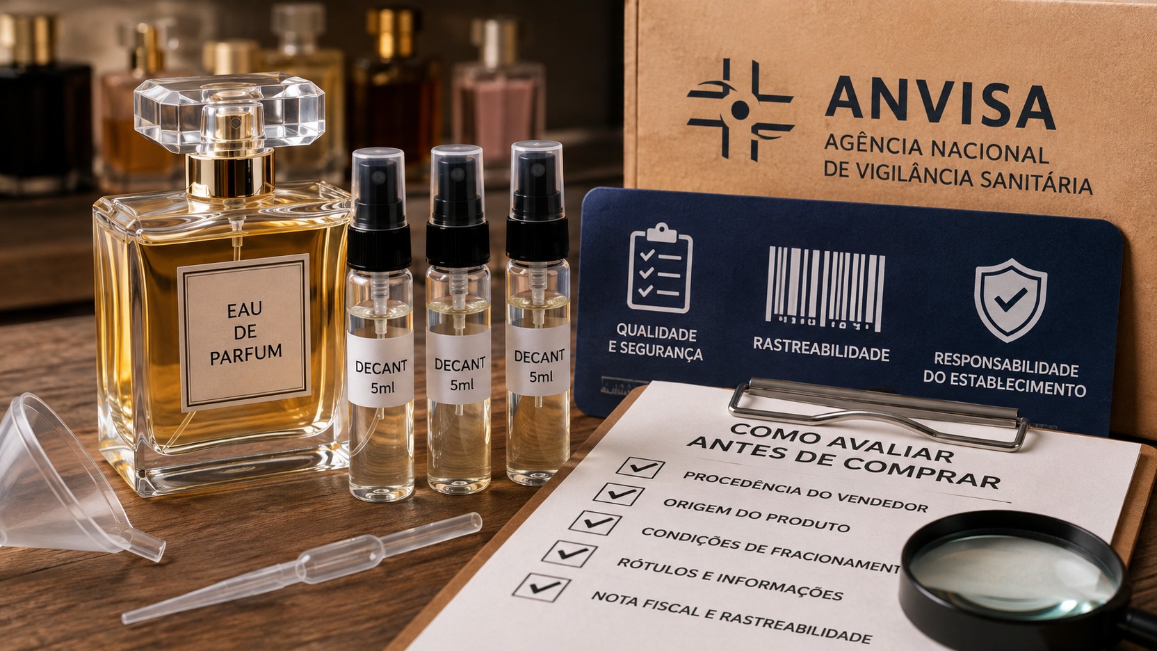 Composição editorial com frasco de perfume, três decants de 5 ml, pipeta, funil, checklist de procedência e referência visual à Anvisa.