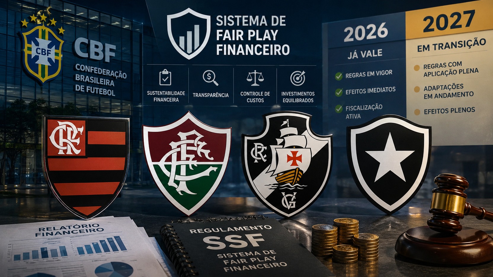 Ilustração editorial com referências à CBF e ao fair play financeiro, os escudos de Flamengo, Fluminense, Vasco e Botafogo, painéis de 2026 e 2027, relatório, moedas e martelo de juiz.