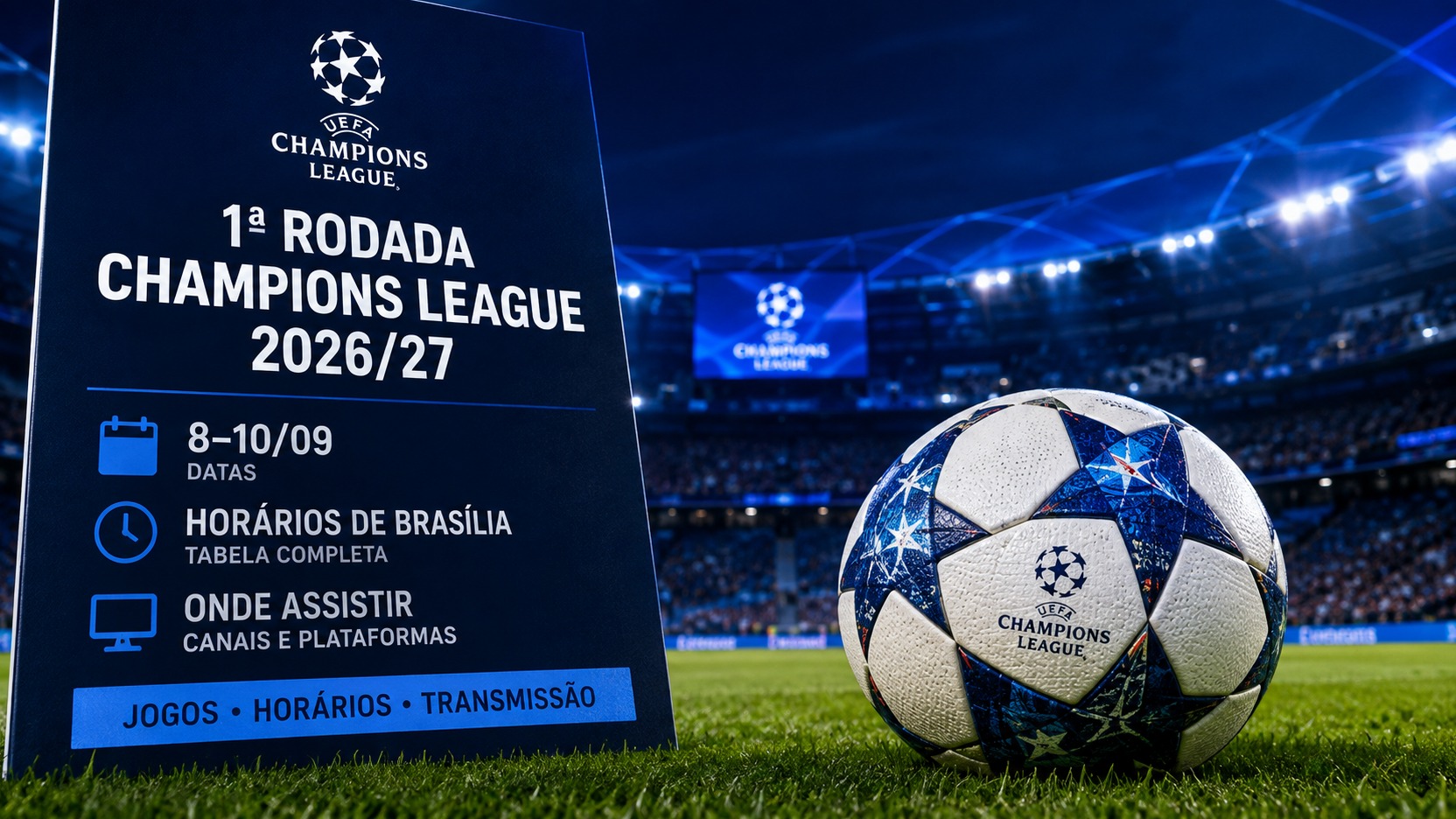 Bola da Champions League em primeiro plano no gramado de um estádio iluminado, ao lado de painel azul sobre a 1ª rodada 2026/27, datas de 8 a 10 de setembro, horários de Brasília e onde assistir.