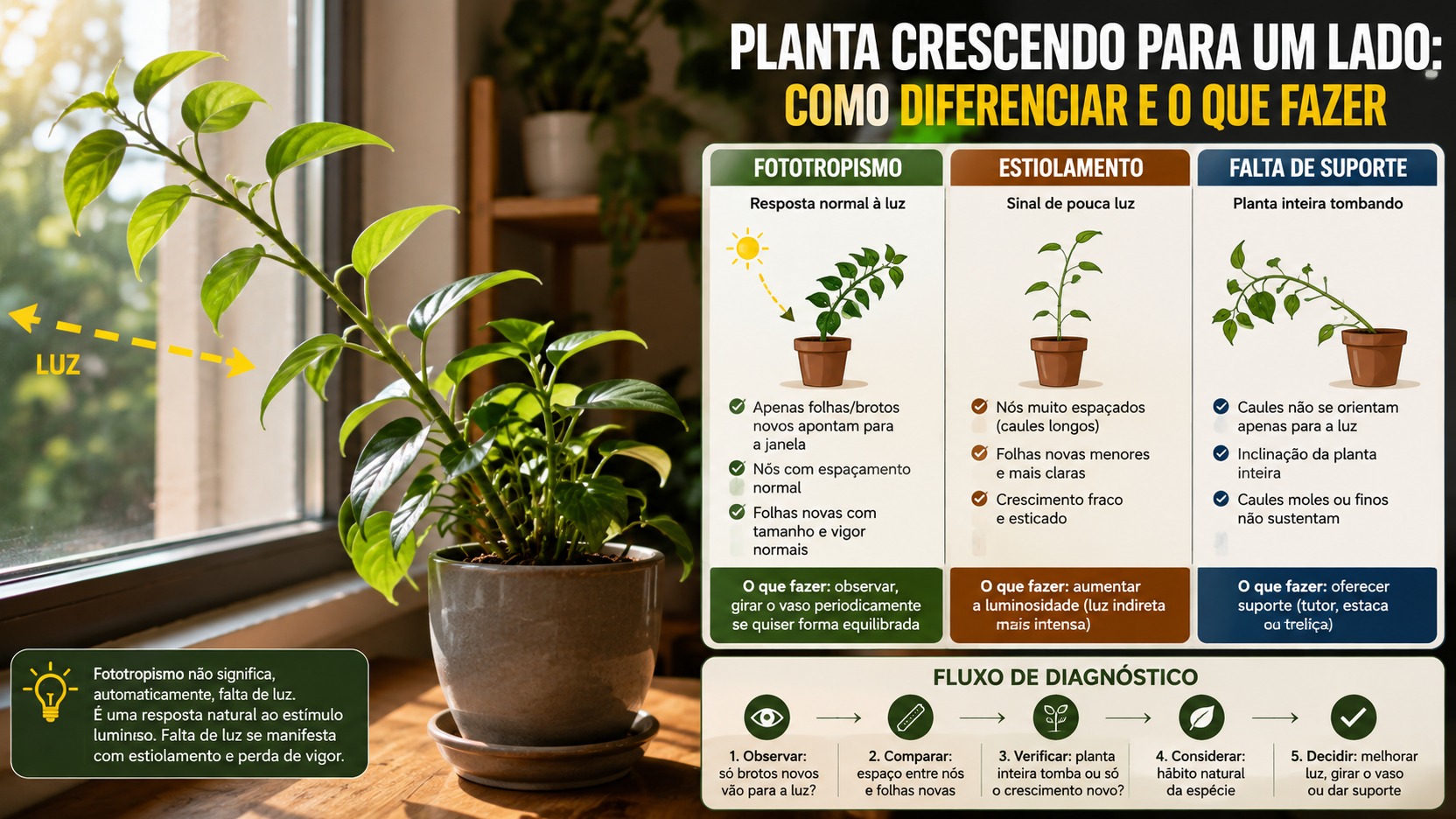 Planta de interior inclinada em direção à janela ao lado de infográfico comparando fototropismo, estiolamento e falta de suporte.
