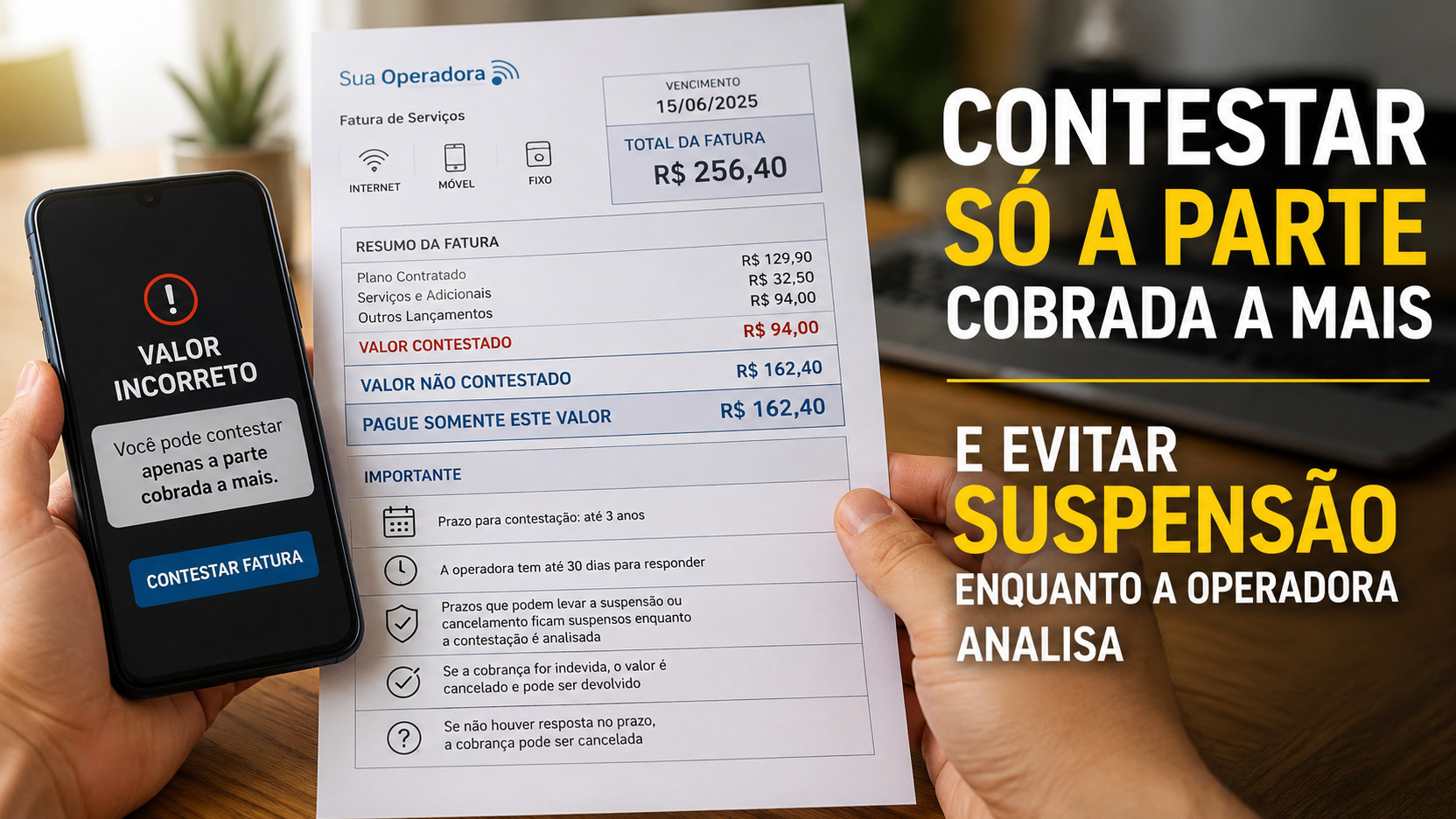 Mãos segurando um celular com aviso de valor incorreto e uma fatura de telecomunicações que destaca a parcela contestada e o valor não contestado.