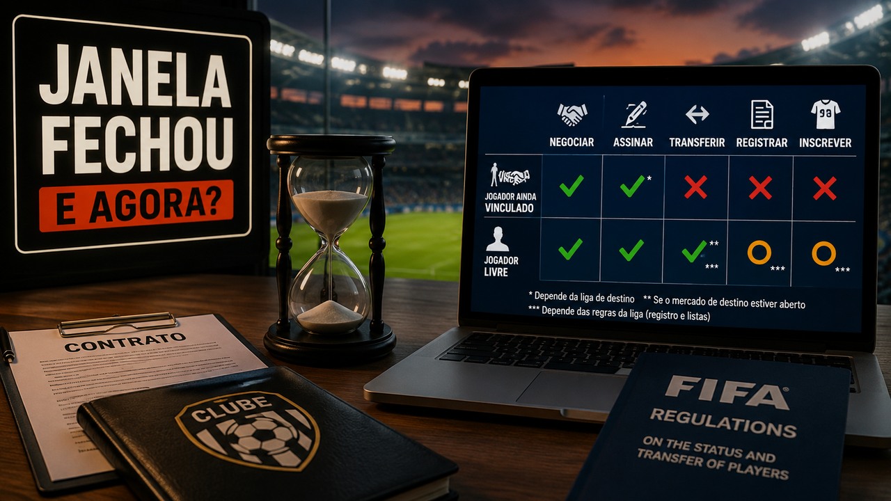 Mesa de transferências diante de um estádio, com placa “Janela fechou, e agora?”, ampulheta, contrato e notebook comparando situações de jogadores.