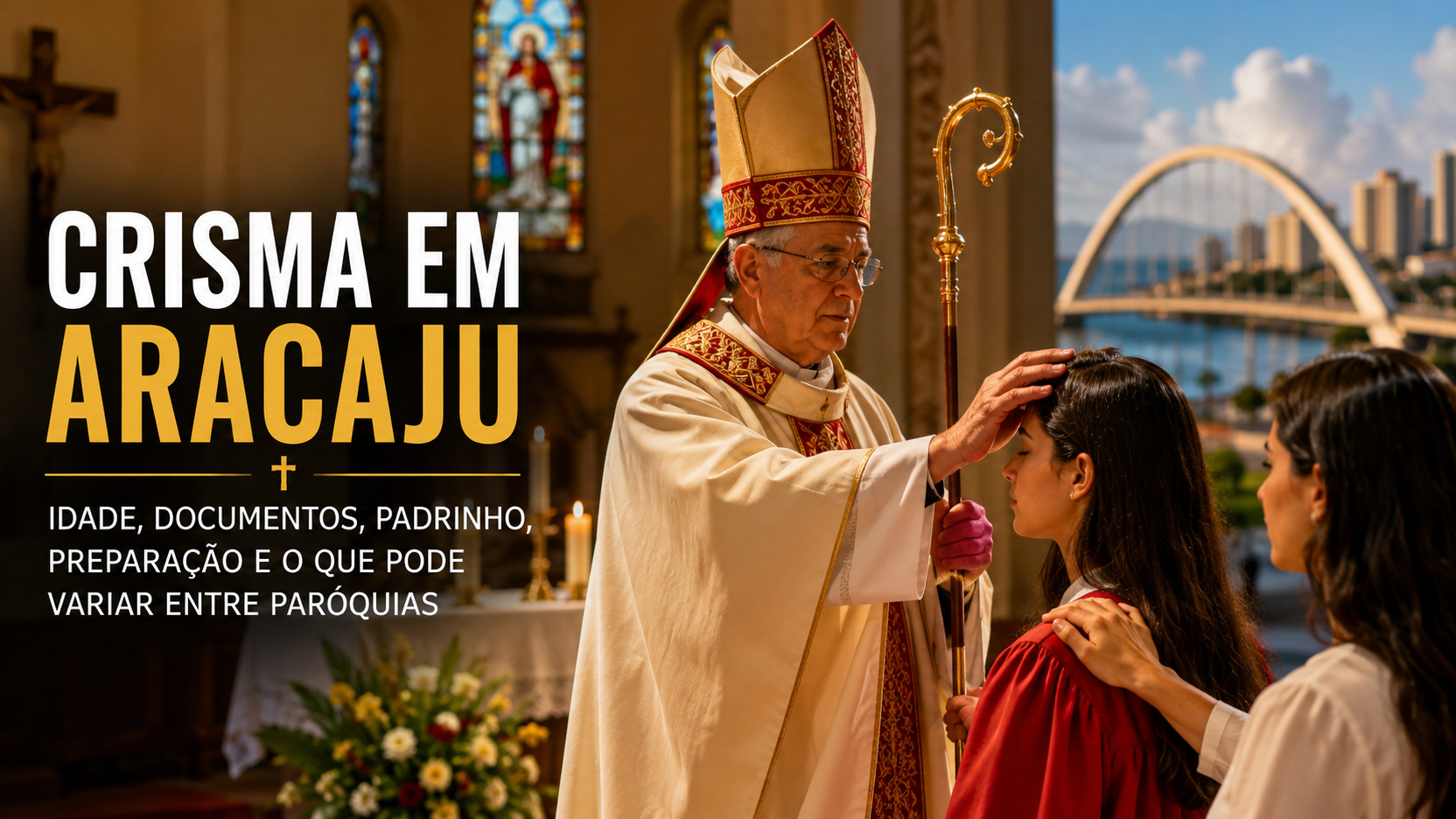 Capa ilustrativa mostra um bispo com mitra e báculo abençoando uma jovem em uma igreja, enquanto uma mulher apoia a mão em seu ombro e a paisagem urbana de Aracaju aparece ao fundo.