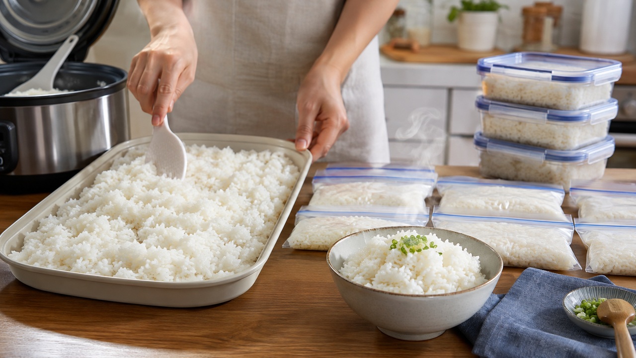 Pessoa espalha arroz cozido em recipiente raso ao lado de porções em potes e sacos para congelamento, com uma tigela de arroz quente em primeiro plano.