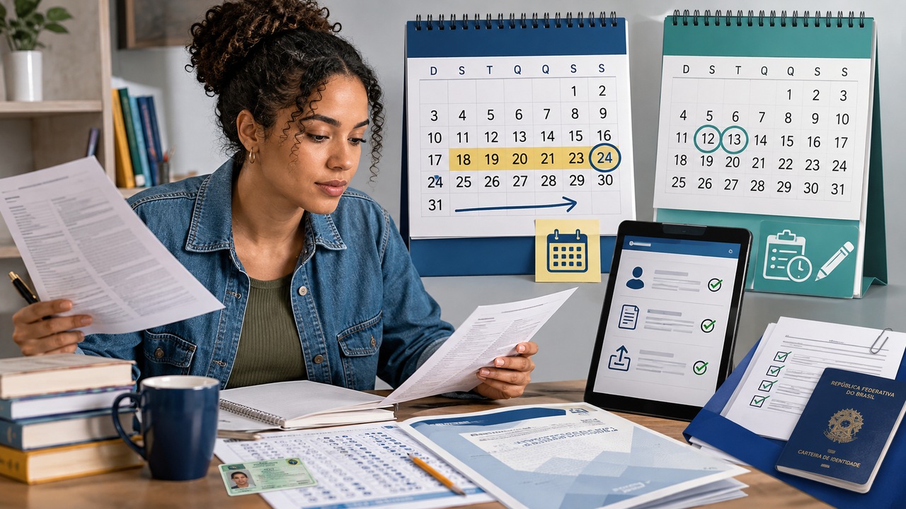 Candidata revisa documentos do Encceja em uma mesa com folha de respostas, identificação, tablet com checklist e calendários ao fundo.