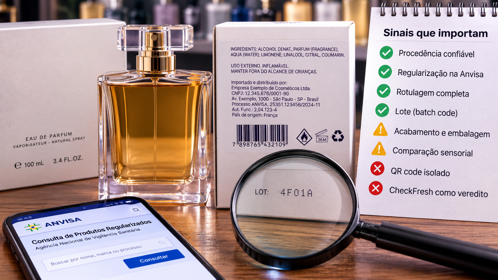 Frasco de perfume âmbar ao lado de caixas com rótulo, lupa sobre o lote, celular com consulta da Anvisa e bloco com sinais de verificação.