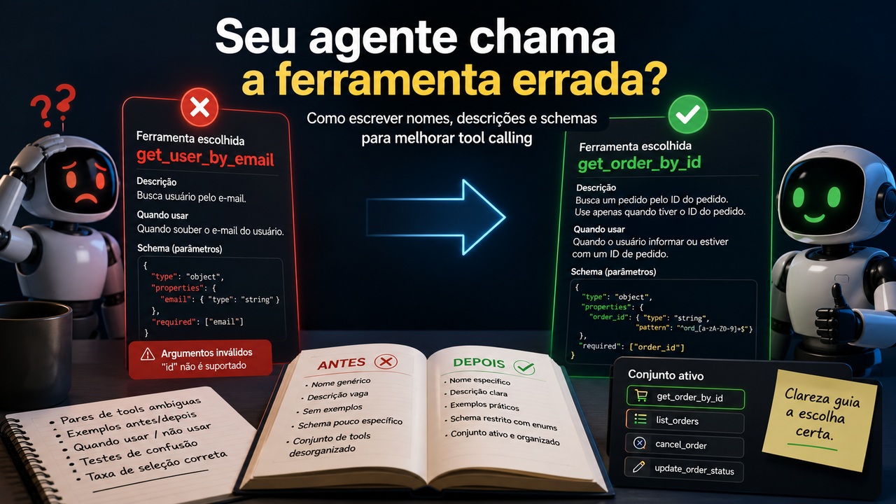 Dois robôs diante de painéis que comparam uma escolha errada e uma escolha correta de ferramenta, com nomes, descrições e schemas de tool calling.
