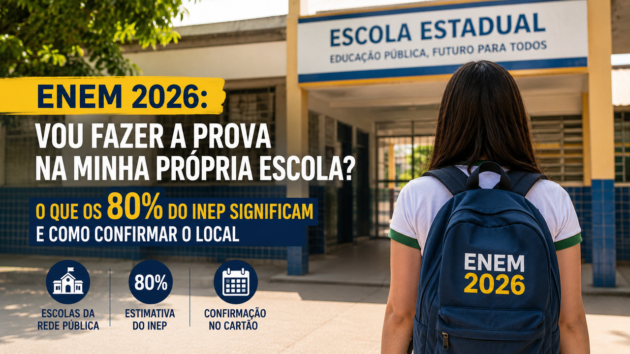 Estudante de costas, com mochila Enem 2026, diante da entrada de uma escola estadual, ao lado de texto sobre a estimativa de 80% e a confirmação no cartão.
