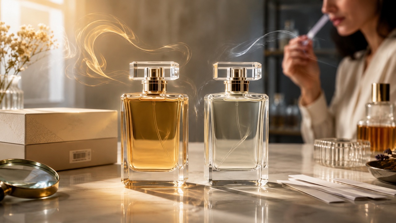 Dois frascos de perfume semelhantes lado a lado, um âmbar e outro claro, com tiras olfativas, lupa e pessoa cheirando uma fita ao fundo.