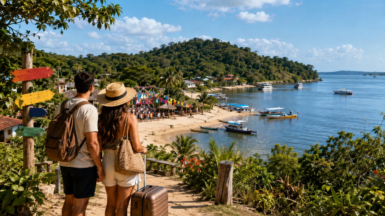 Casal com bagagens observa Alter do Chão, com praia, rio, embarcações, vegetação amazônica e decoração festiva ao fundo.