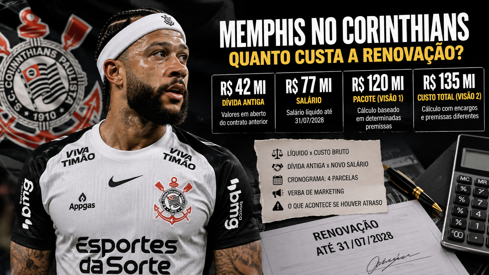Arte editorial horizontal mostra Memphis com camisa do Corinthians diante do escudo do clube, quatro quadros com R$ 42 mi, R$ 77 mi, R$ 120 mi e R$ 135 mi, além de calculadora e documento de renovação até 31/07/2028.
