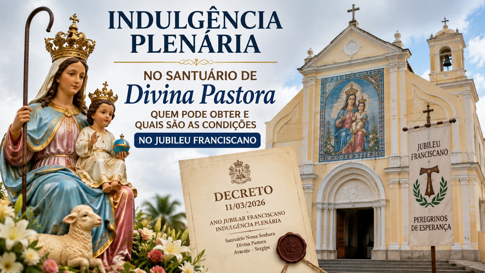 Arte editorial horizontal com Nossa Senhora Divina Pastora e o Menino Jesus, fachada de igreja e documento ilustrativo sobre o decreto do Jubileu Franciscano.