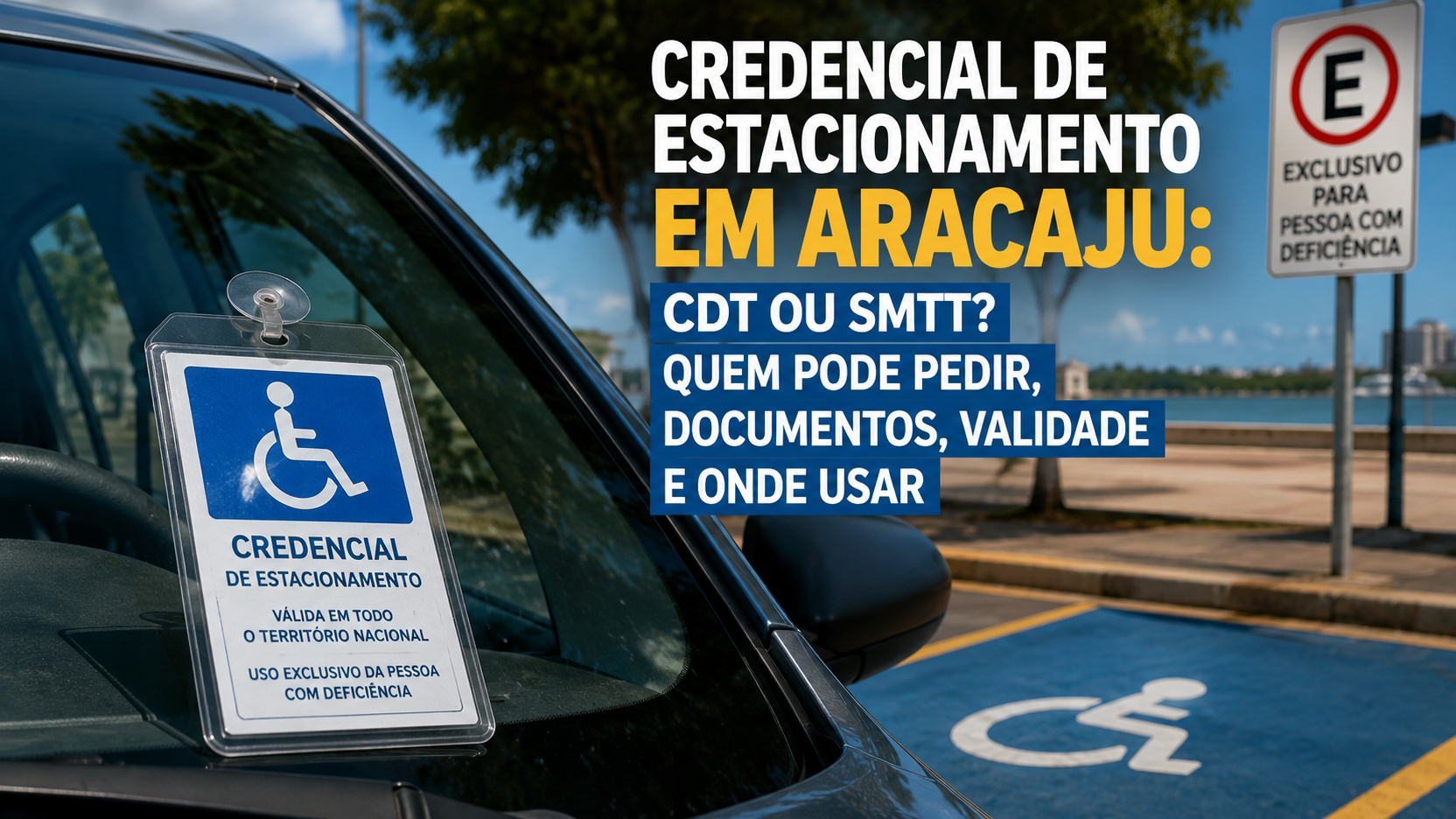 Carro ao lado de vaga azul para pessoa com deficiência, com credencial no para-brisa, placa de vaga exclusiva e título sobre credencial de estacionamento em Aracaju.
