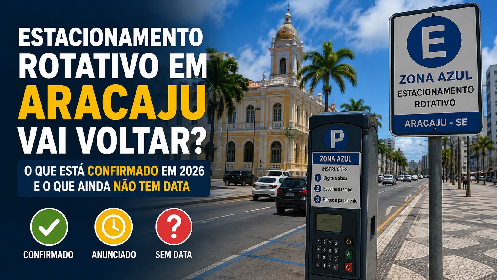 Montagem editorial ilustrativa de rua em Aracaju com placa de Zona Azul, equipamento de estacionamento rotativo e destaque para o que está confirmado, anunciado e sem data em 2026