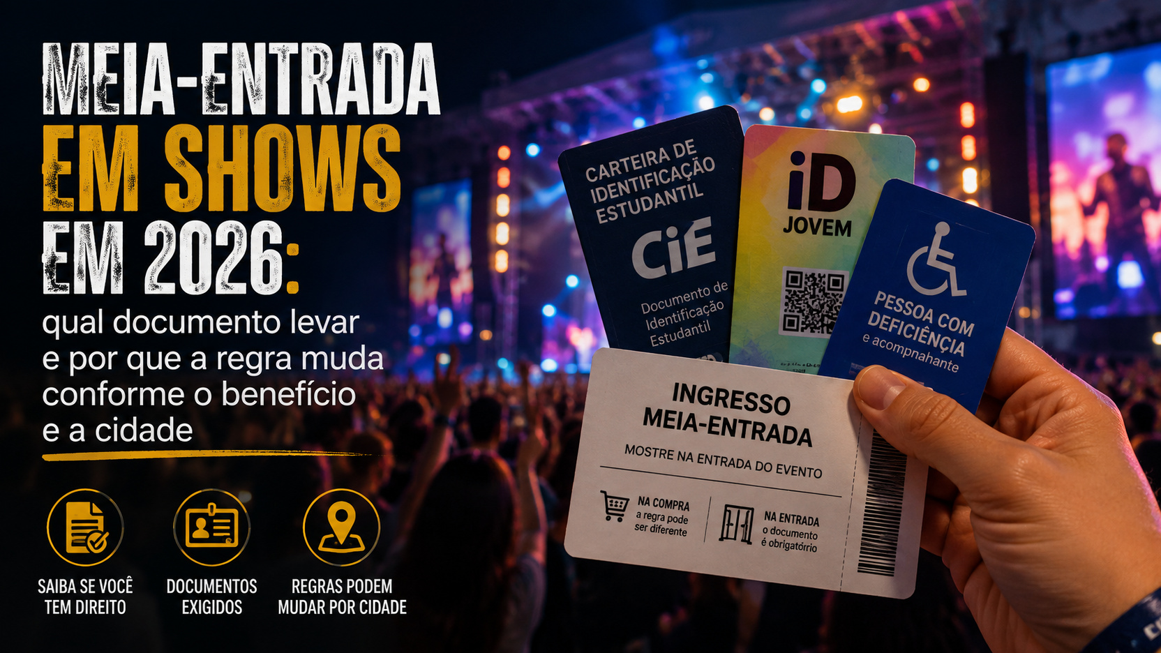 Mão segura ingresso de meia-entrada e cartões ilustrativos de CIE, ID Jovem e pessoa com deficiência diante de um palco de show iluminado.