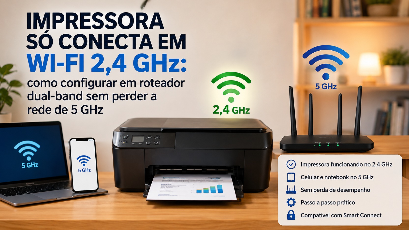 Capa com impressora em uma mesa doméstica ao lado de roteador dual-band, notebook e celular, com indicações visuais das redes Wi-Fi de 2,4 GHz e 5 GHz.