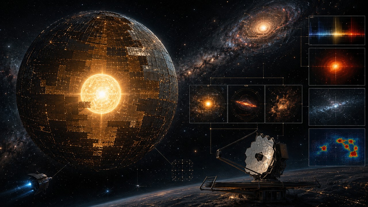 Ilustração espacial de uma estrela cercada por uma megaestrutura semelhante a uma esfera de Dyson, com telescópio e painéis de análise infravermelha ao lado.