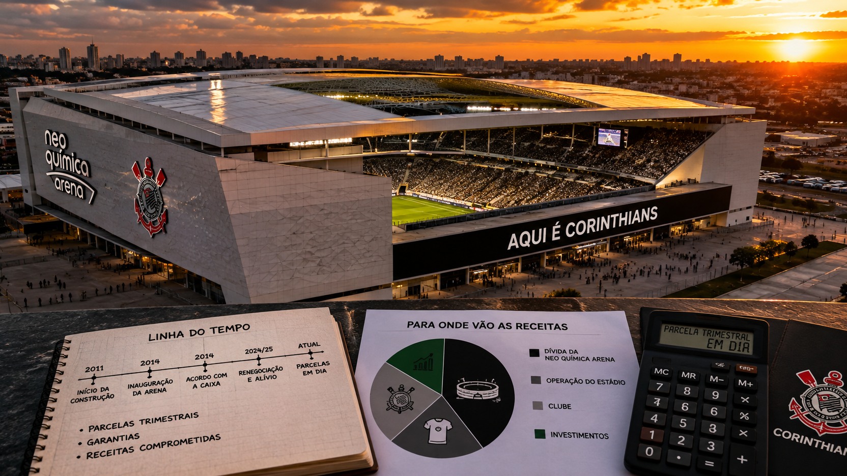 Ilustração editorial da Neo Química Arena ao pôr do sol, com gráfico de destino das receitas, linha do tempo e calculadora em primeiro plano.